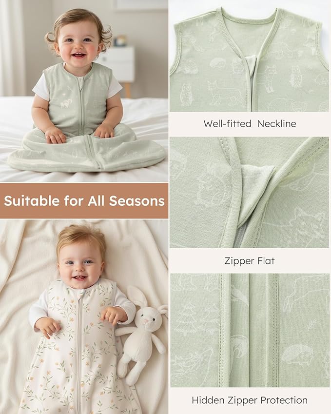 Yoofoss Baby Sleep Sack 0-6 Months Wearable Blanket for Babies 100% Organic Cotton 2-Way Zipper TOG 0.5 Toddler Sleeping Sack 3 Pack, Comfy Lightweight Sleep Sacks