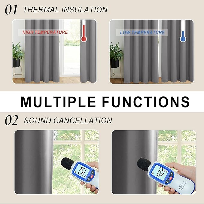XWZO Complete Blackout Window Curtain Panels with Tiebacks- Rod Pocket & Back Tab Noise Reduction and Light Blocking Curtains with Black Liner for Studio/Basement, Grey, W52 x L54, Set of 2