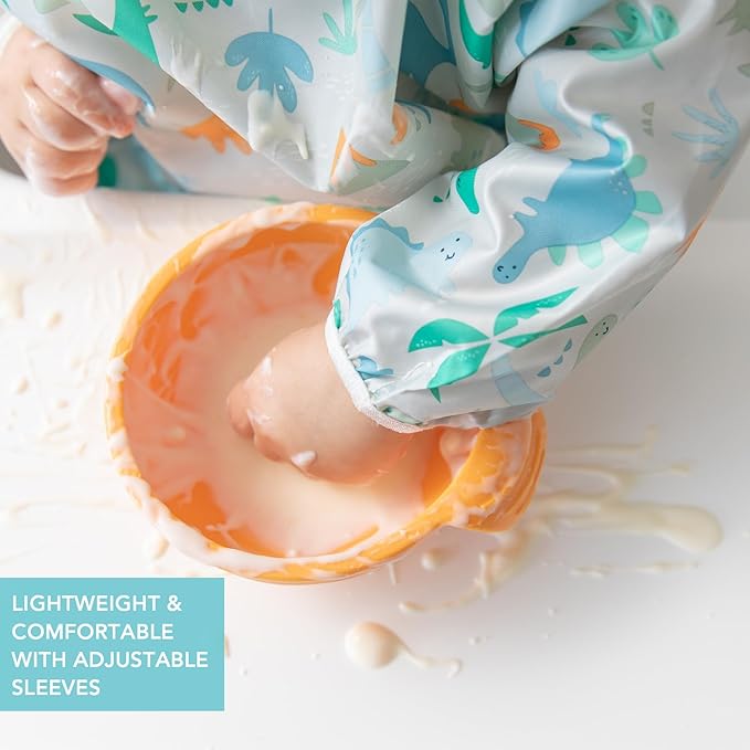 Bumkins Sleeved Bib for Girl or Boy, Baby and Toddler for 6-24 Mos, Essential Must Have for Eating, Feeding, Baby Led Weaning Supplies, Long Sleeve Mess Saving Food Catcher, Fabric, Dinosaur Gray
