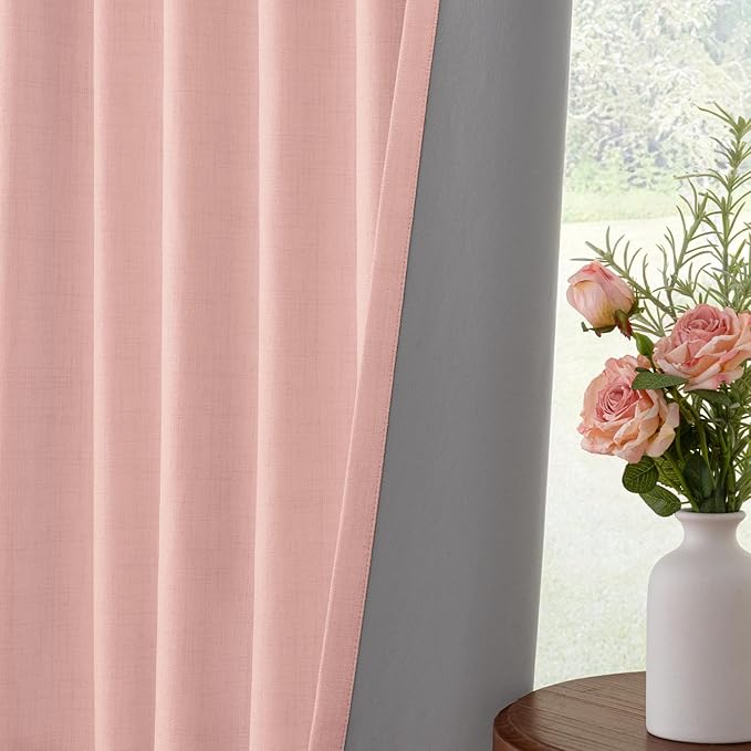 INOVADAY 100% Blackout Curtains for Bedroom, Black Out Curtains 90 Inch Long, Clip Rings Linen Blackout Drapes, Thermal Insulated Room Darkening for Living Room, 1 Panel - Blush Pink,W102xL90
