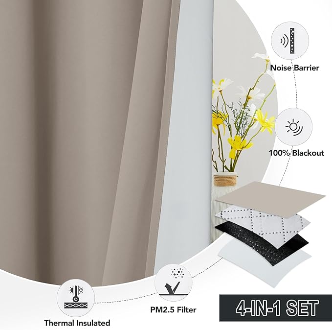 RYB HOME Dustproof Curtains for Large Window, Soundproof Thermal Insulated Blackout Curtains for Sliding Glass Door Furance Office Dorm Bedroom Living Room, Sand, W62 x L95 inch, 2 Panels