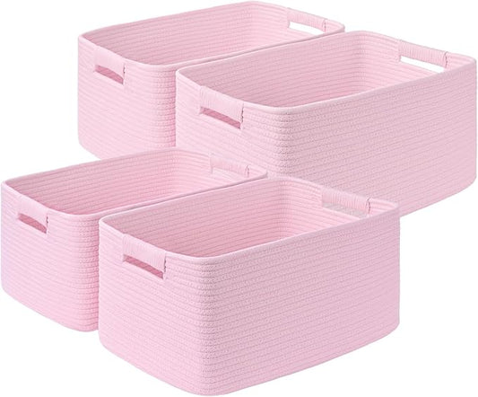 4 Pack Large Storage Basket for Organizing, 17.5"x13.5"x7.5" Woven Basket for Shelves, Closet Cube Storage Bins with Wrapped Handle, Cotton Rope Baskets for Kitchen, Clothes, Toys(Light Pink)