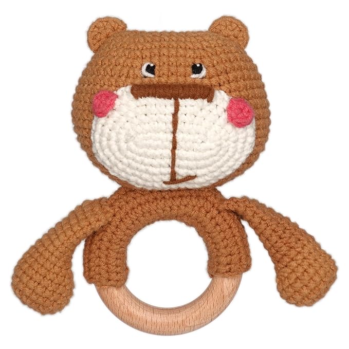 DICHA Wood Baby Rattle-Crochet Baby Rattle- Infant Rattle Sensory Development Wooden Toys Set-Includes Beech Wooden Teething Ring-Bear