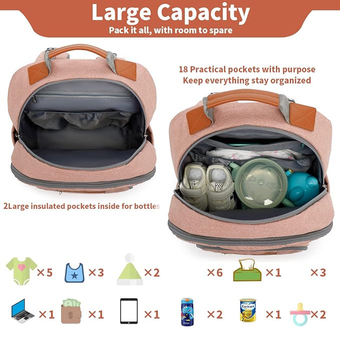 Diaper Bag Backpack, Large Baby Nappy Bags with Portable Changing Pad for Boys and GirlsMultifunction Travel Baby Bag for Moms Dads, Shower Gifts Waterproof and Stylish，Deep Powder