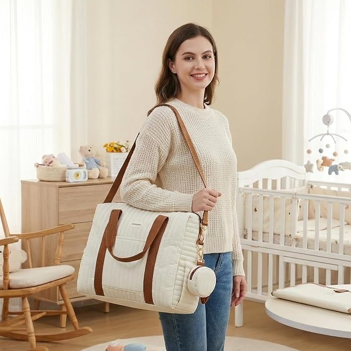 Diaper Bag Tote for Moms, Baby Hospital Bag with Insulated Bottle Pockets, Changing Pad & Stroller Straps