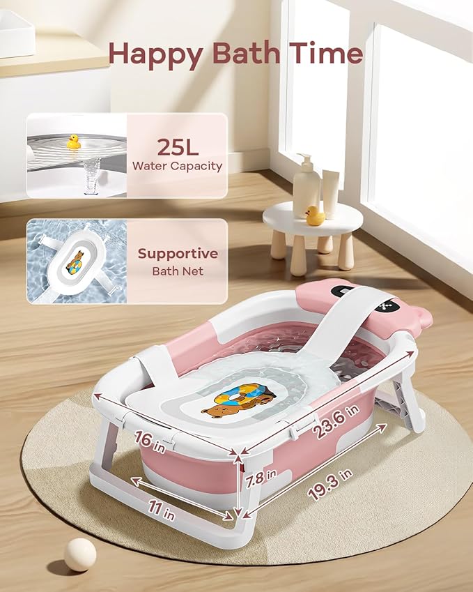 AVIDOR 2-in-1 Baby Bathtub with Stand for Newborn and Infants, Foldable Baby Bath Tub, Baby Shower Gifts for New Parents, Pink