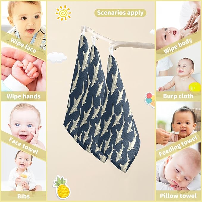 vvfelixl Sharks in Ocean Baby Burp Cloths Baby Muslin Washcloths for Boys Girls Cotton Babys Face Towel for Newborn Infants Soft and Absorbent 11.8 X 11.8 in, 5 Pack