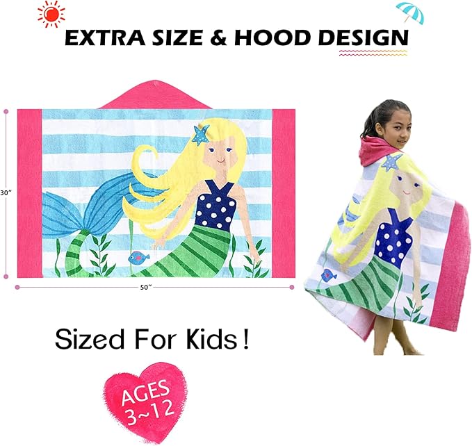 BANGSAUR Hooded Towel for Kids, 100% Cotton Soft and Absorbent, Pool Bath Beach Swim Towel Wrap, Bathrobe Coverups for Girls and Boys, Extra Large:30"×50"(Yellow Hair Mermaid)