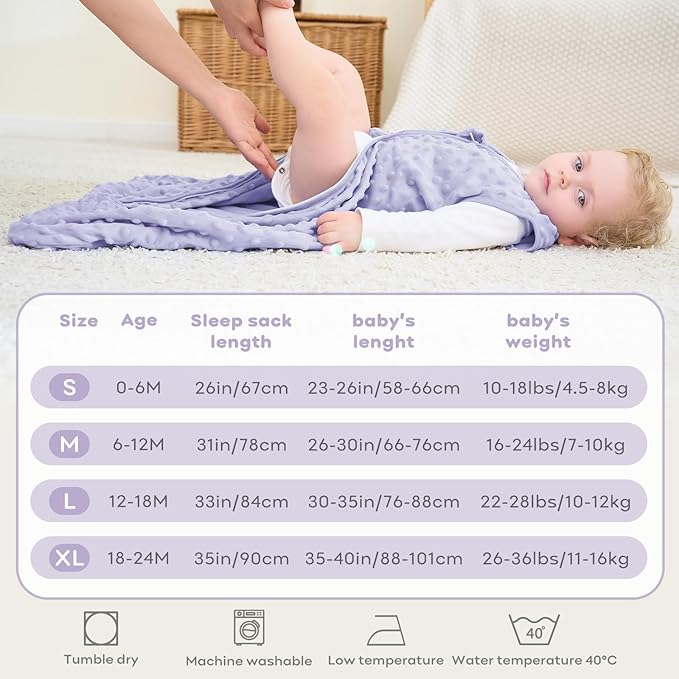 FIEMOL Fleece Baby Sleep Sack 6-12 Months, 1.5 TOG Cotton Baby Wearable Blanket With Soft Plush Dots, 2 Pack Newborn and Infant Warm Sleeping Sack with 2-Way Zipper Pink&Purple
