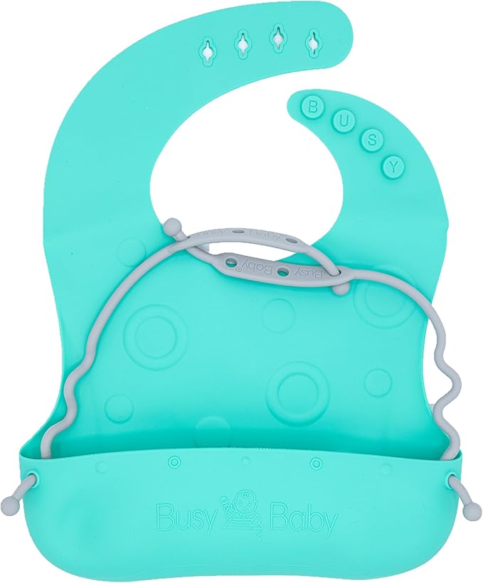 BUSY BABY Bungee Bib – Adjustable Silicone Bib with Pocket & Tether System for Mess-Free Meals with Babies & Toddlers