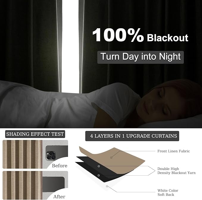 Topfinel Linen Blackout Curtains 96 Inch Long, Light Blocking Rustic Neutral Thermal Insulated Brown Natural Linen Cabin Back Tab Viral Drapery Drapes with Hooks Rings 2 Panel Sets, Brown Tan 8 FT