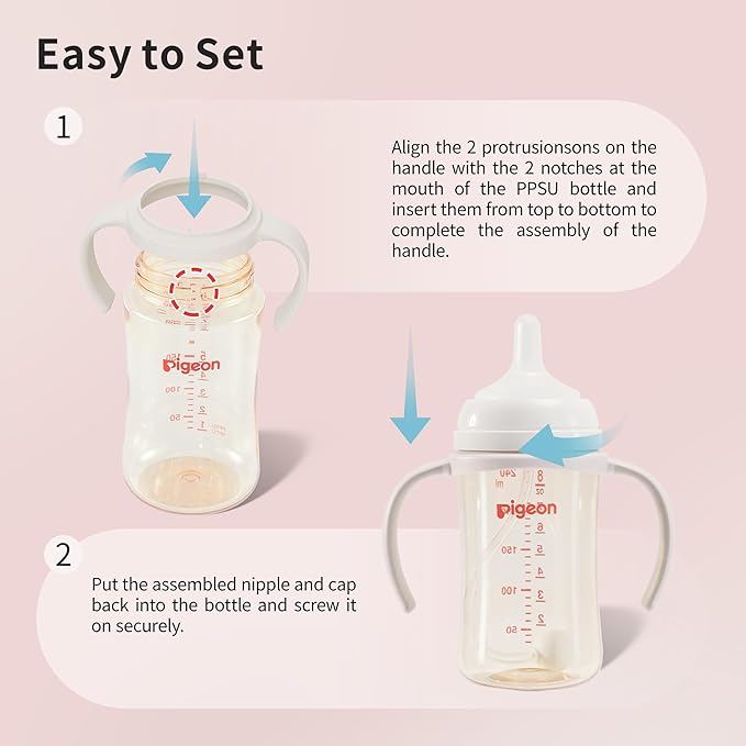 PIGEON Baby Bottle Handles PPSU Bottles 8.1Oz, Easy to Hold for Baby Hands, 1 Pack (Gray)