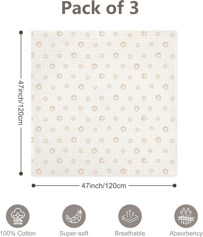 3-Pack 100% Cotton Muslin Swaddle Blankets, Large 47 x 47 Inches — Breathable Soft Receiving Blankets for Newborns, Swaddling Wraps, Registry Gift (Sunny Elephant Theme)