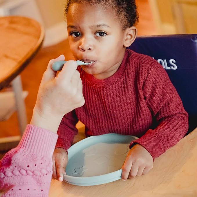 Talktools Bitsy Feeding Kid's Essentials Plate Set – Toddler Utensils, Spoon and Fork, Plate Lid, Perfect for Mealtime – Strong Suction Toddler Plates with 4 Compartments (Set-Cloud)