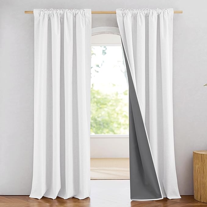 NICETOWN Greyish White 100% Blackout Linen Curtains 84" Long, Farmhouse Thick Linen Blend Window Treatments Thermal Insulated Drapes for Penthouse Living Room, Bedroom (1 Pair, 52" Width Each Panel)