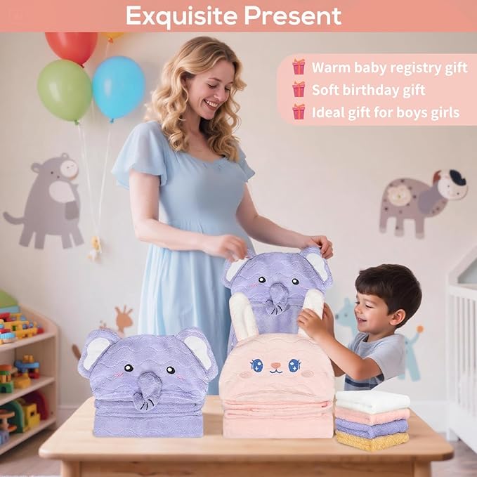 6 PCS Toddler Bath Towel Set for Boy Girl 0-5 Year, 2 PCS Thick Absorbent Hooded Baby Bath Towels Large 55" x 27.5" & 4 PCS Washcloths, Ultra Soft Gift for Infant, Toddler, Kids, Rabbit & Elephant
