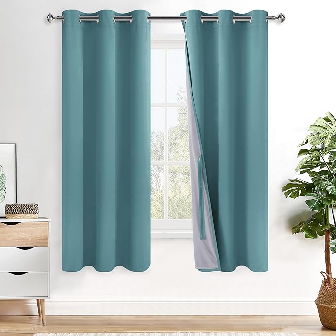 XWZO 100% Blackout Curtains - Thermal Insulated Black Liner Curtains, Noise Reducing and Heat Blocking Drapes for Hall and Studio Windows with Tiebacks, Stone Blue, W42 x L63, Set of 2