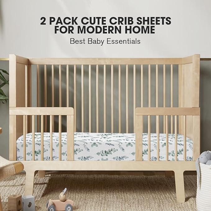 Little Grape Land Muslin Crib Sheets Fitted for Boys and Girls 2 Pack, 100% Cotton Baby Bed Sheets Soft Breathable, Neutral Fitted Baby Mattress Sheets for Standard Crib 52x28 inches, Green Leaves