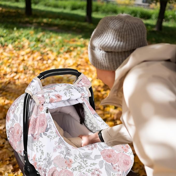 Car Seat Cover Baby, HNHUAMING Infant Car Seat Covers Canopy for Baby Girl Boy, Cozy & Windproof Newborn Carseat Covers Mink Dot Backing Stroller Cover with Breathable Mesh Window, Pink Floral