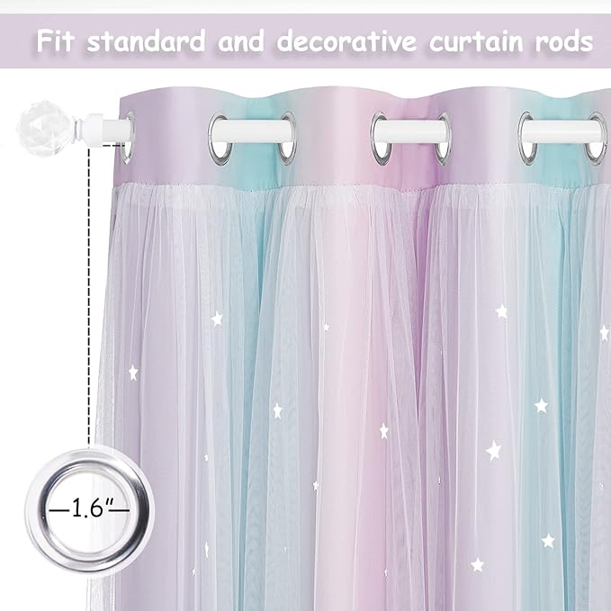 NICETOWN Blackout Curtains for Bedroom, Star Hollow-Out Nursery Nursery Rainbow Ombre Curtains for Classroom Living Room, 52 x 72 inch, Set of 2, Blue & Purple & Pink