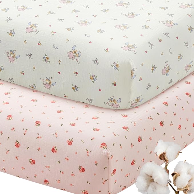 SiinvdaBZX 2 Pack Pack n Play Sheets Girls, Ultra Soft Muslin Cotton Mini Crib Sheets Breathable Toddler Playard Bedding Cover for 38"x27" Portable/Mini Crib Mattresses (Little Fairy + Flower)
