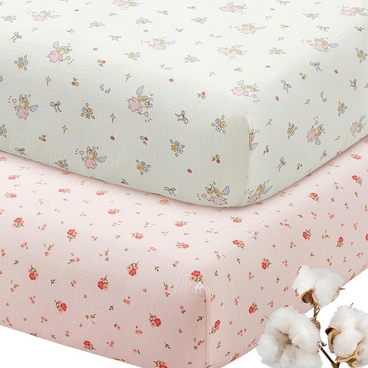 SiinvdaBZX 2 Pack Pack n Play Sheets Girls, Ultra Soft Muslin Cotton Mini Crib Sheets Breathable Toddler Playard Bedding Cover for 38"x27" Portable/Mini Crib Mattresses (Little Fairy + Flower)