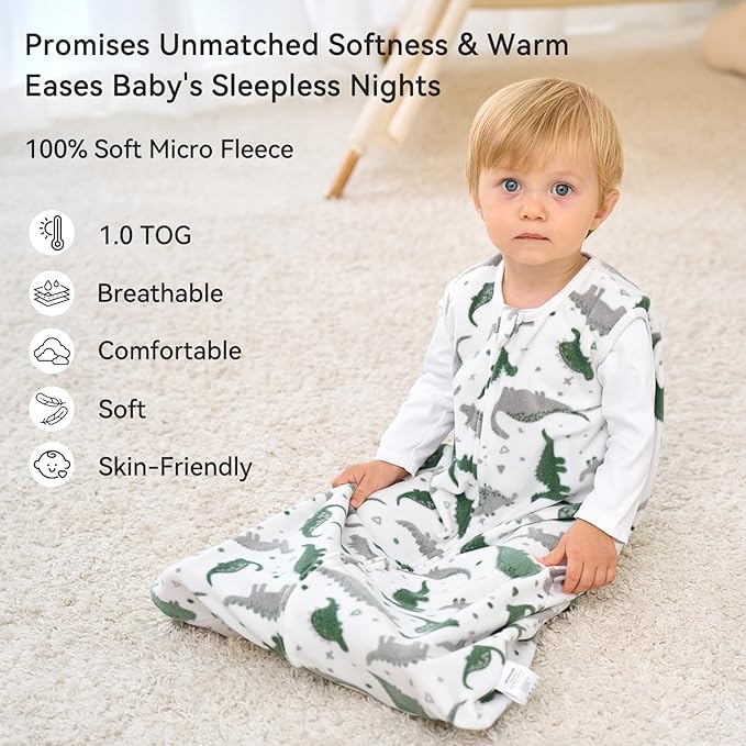 Unnivoll Fleece Baby Sleep Sack 18-24 Months 1.0 Tog Baby Wearable Blanket Microfleece Sleeping Sack with 2-Way Zipper for Toddler Infant Grey & White Dinosaur