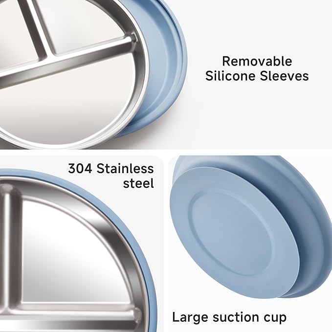 Bufims Stainless Steel Baby Plates with Suction, Divided Metal Toddler Plates with Removable Silicone Sleeves, Non-Slip Kids plates, BPA Free, Non-Toxic, Dishwasher Safe, 3 Pack
