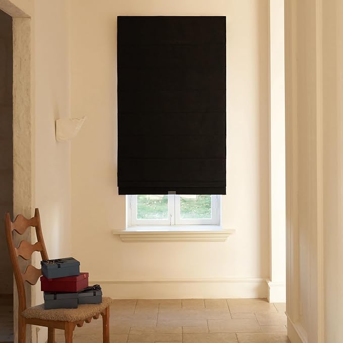 Blackout Roman Shades Cordless for Windows, Pull Down Window Shades Blinds with Heavy 430GSM Chenille & White Backing & Thermal Insulated & Hidden Cords, 27x64 Inches (Mottled Black)