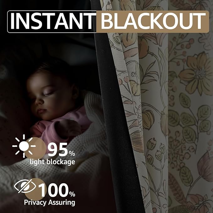 jinchan Nursery Curtains 95% Blackout Yellow Floral Curtains for Girls Room, 84 Inch Length Farmhouse Drapes for Bedroom Living Room Darkening Window Treatment Fall Decor Grommet Top Set of 2 Panels
