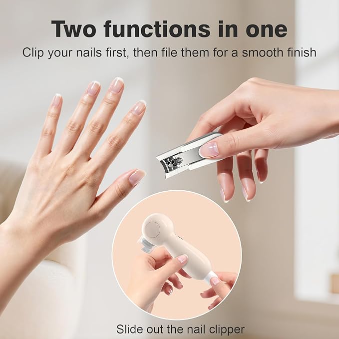 Baby and Adult 2-in-1 Electric Nail File - 6 Replaceable Grinding Pads, Hidden Nail Clipper, 360° Soft Light, USB Rechargeable, Portable Storage Box, Quiet Nail Trimmer for 0-36 Months Infants