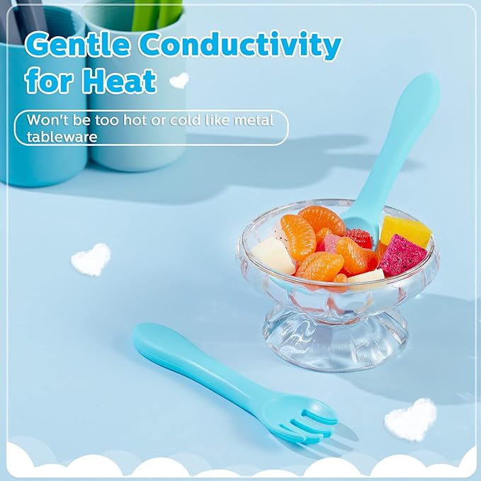 Nuenen 6 Pieces Silicone Baby Feeding Forks and Spoons Set Hot Safety First Stage Self Feeding Supplies Mini Kids Utensils for over 6 Months Babies Boy Girl Toddlers First Foods (Fresh Color)