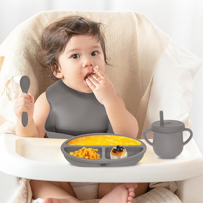 Dormlony 100% Silicone baby feeding set,BPA free Baby dishes set with Suction Bowl Divided Plate,Toddler Self Feeding Dish Set with Spoons Forks Sippy Cup And Bib, Baby Eating Utensils (Light Brown)
