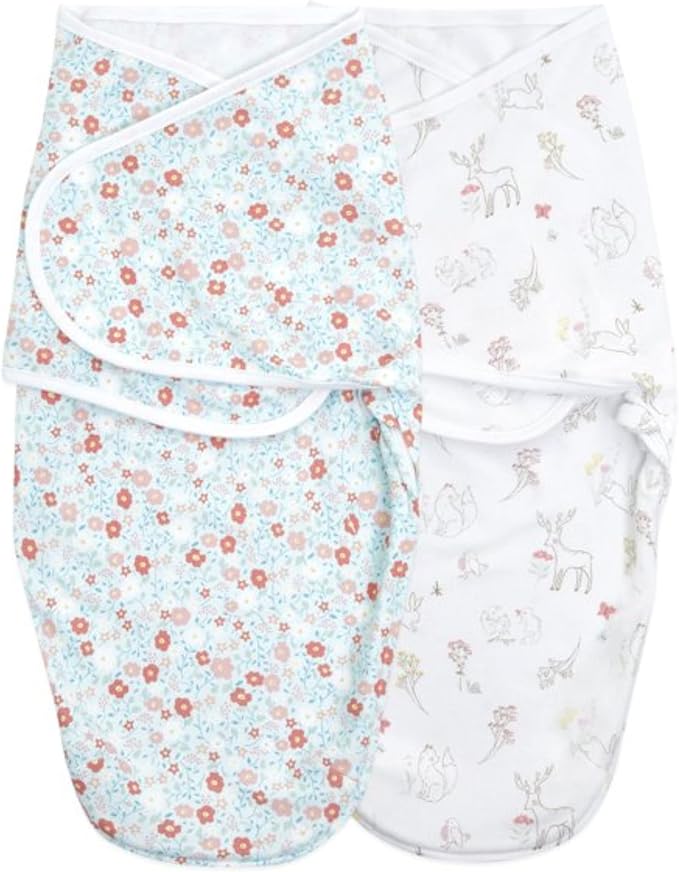aden + anais Essentials Easy Swaddle Wrap Quick Change with Bottom Zipper, Snug Cotton Knit Baby Wrap Swaddle Blanket for Newborns, TOG 1.0, 2 Pack, Fairy Tale Flowers, 0-3 Months, Small/Medium