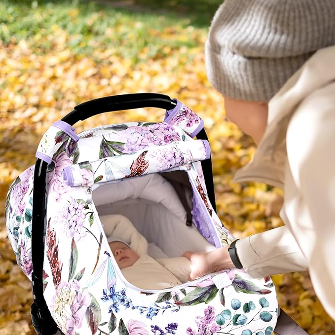 Car Seat Cover Baby, HNHUAMING Infant Car Seat Covers Canopy for Baby Girl Boy, Cozy & Windproof Newborn Carseat Covers Minky Dot Backing Stroller Cover with Breathable Mesh Window, Purple Floral