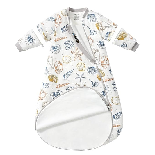 Baby Sleep Sack 3–6 Months, Cotton Sleep Sack with Detachable Long Sleeves, 1.0 TOG Wearable Blanket for Cooler Nights, 2-Way Zipper Toddler Sleeping Sack with Temperature Strip, Ocean