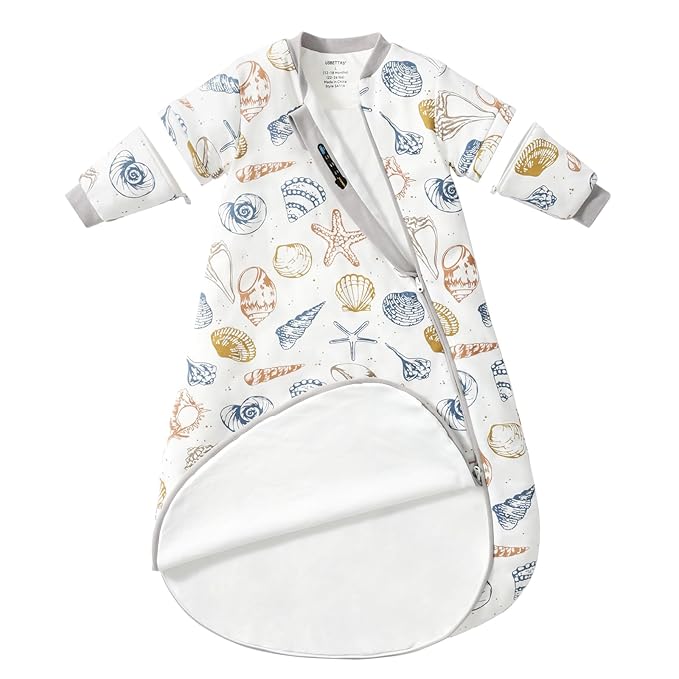 Baby Sleep Sack 6–12 Months, Cotton Sleep Sack with Detachable Long Sleeves, 1.0 TOG Wearable Blanket for Cooler Nights, 2-Way Zipper Toddler Sleeping Sack with Temperature Strip, Ocean