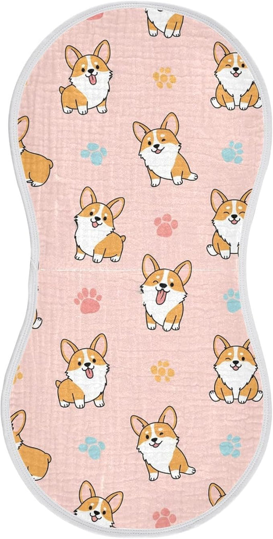 Qinllo 1 Pack Muslin Burp Cloths Cute Dogs Pink Cotton Baby Burp Cloths Soft Burping Cloth Absorbent Spit Up Rags for Newborn Boys Girls 22x11 Inch
