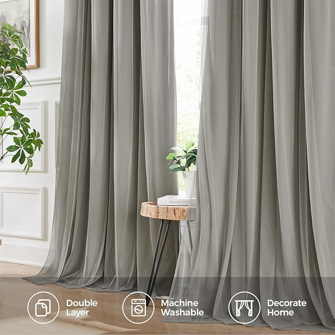 100% Blackout Curtains for Bedroom, Double Layer Grey Curtains, Black Out Curtain 84 inch Long with Sheer Overlay for Living Room, Room Darkening Window Drapes with Grommet, 52" W x 84" L