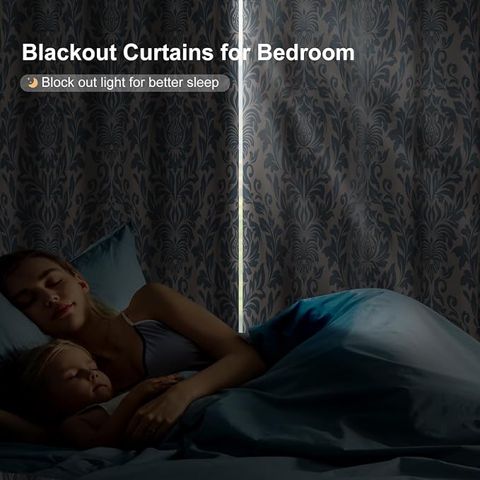 Bedroom Curtains 84 Inches Long, Blackout Curtains for Living Room Darkening, Vintage Damask Pattern Blue Curtain 2 Panels Set, Grommet Thermal Privacy Black Out Window Drapes for Bedroom Nursery