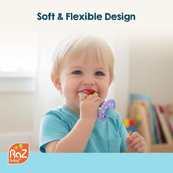 RaZbaby Chompy Teether Wand – Soft Silicone Hollow Baby Teething Tube for Front Teeth & Back Molars, Sensory Development and Multi Textured & Flexible Design, Compatible Teether (Multi Colored)