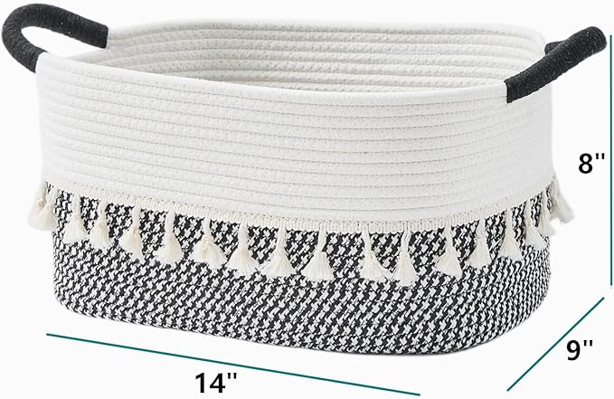 Storage Bins Woven Baskets for Storage Set of 3, Cotton Rope Basket with Handles for Toys/Shelves/Laundry, Rectangle Multi-Purpose Organizer for Living Room, Bedroom, Nursery (White/Black)