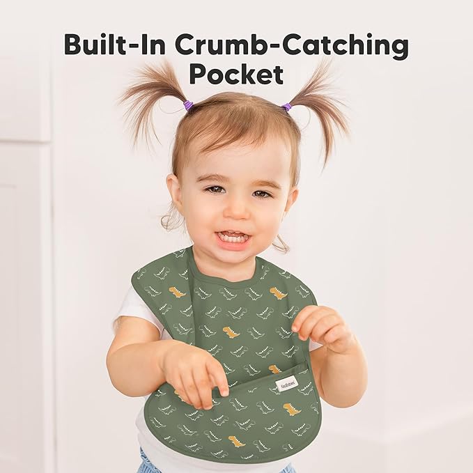 3-Pack Waterproof Baby Bibs for Eating - Lightweight Toddler Feeding Bibs with Large Food Catcher, Mess Proof, Food-Grade Baby Eating Essentials, Easy to Put On & Clean (Mesozoic)