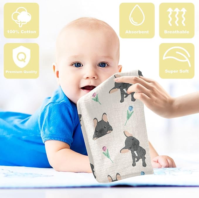 vvfelixl Baby Cotton Washcloths Black French Bulldog Infants Bath Towel for Unisex Face Towels for Newborn, Natural Baby Wipes Delicate Skin, 11.8 X 11.8 inch, one sizex5