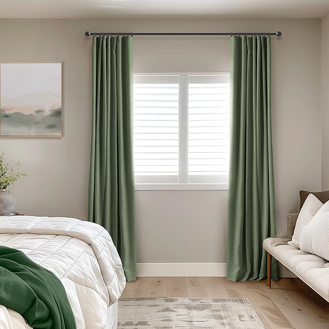 INOVADAY 100% Blackout Curtains for Bedroom, Black Out Curtains 84 Inch Long, Clip Rings Linen Blackout Drapes, Thermal Insulated Room Darkening for Living Room, 2 Panels - Moss Green,W50xL84
