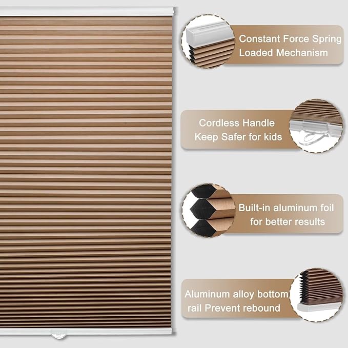 MYshade 1.5-Inch Cellular Cordless Blackout Shades,Thermal Insulating Noise Reducing Waterproof Blinds,Honeycomb Window Treatments for Indoor Light Control (Light Brown-Custom)