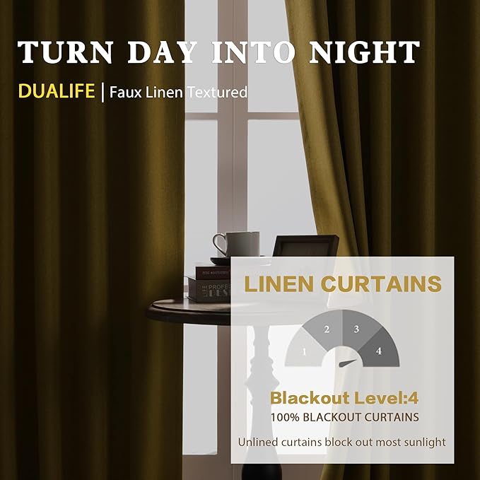 DUALIFE Blackout Curtains 84 Inches Long 2 Panels,Black Out Linen Drapes for Bedroom/Living Room,Back Tab and Rod Pocket,Set of 2,Yellow,50" Wide and 84" Length.