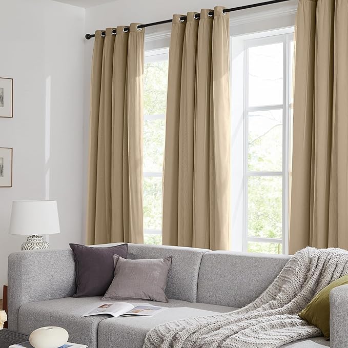 100% Blackout Curtains for Bedroom, Double Layer Khaki Curtains, Black Out Curtain 108 inch long With Sheer Overlay for Living Room, Room Darkening Window Drapes with Grommet, 52"W x 108"L
