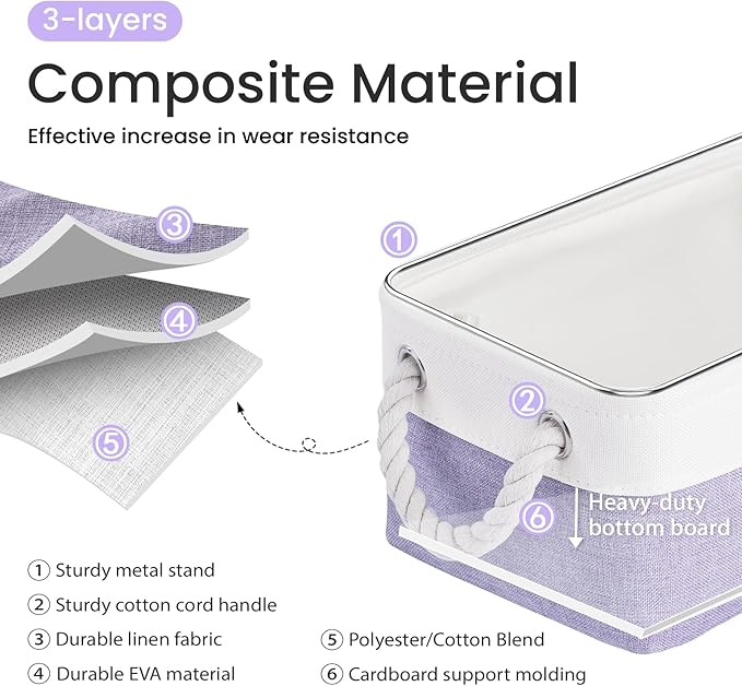 Storage Baskets for Shelves 11.8x7.9x5.2 Inch, Foldable Fabric Storage Bins with Handles, Small Storage Baskets for Organizing Closet, Office, Home Organization (3-Pack, White&Purple)