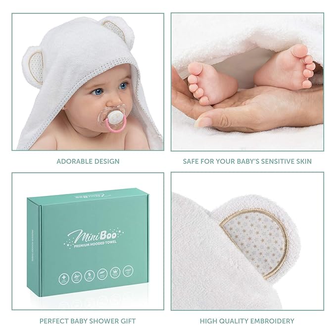 MINIBOO Hooded Baby Towels for Newborn - Super Soft Baby Bath Towels with Hood, Highly Absorbent Viscose Made from Bamboo Hooded Towel for Infant, Toddler and Kids, Baby Essentials